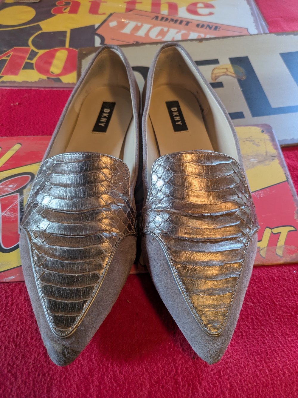 DKNY Metallic Silver Pointed Toe Flats with Gray Suede Trim